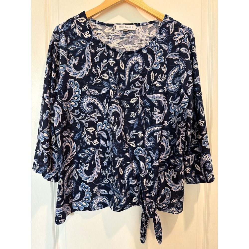 Emily Daniels Blue Paisley Tie Front Top 3/4 Sleeve Knit Blouse Large